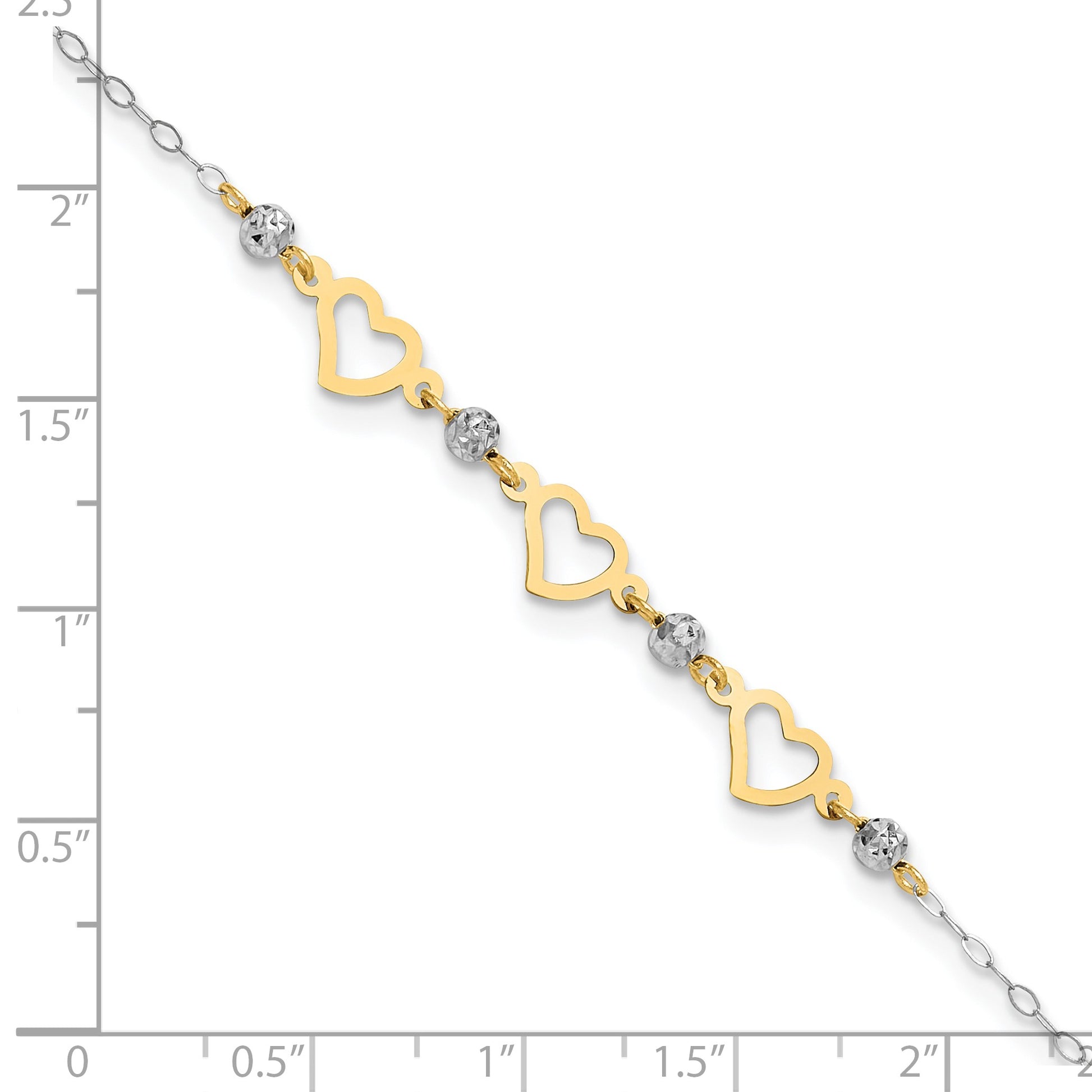 14K Two-tone Three Hearts and Diamond-cut Beads 9 inch Plus 1 inch Extender - Total 10 inch Anklet