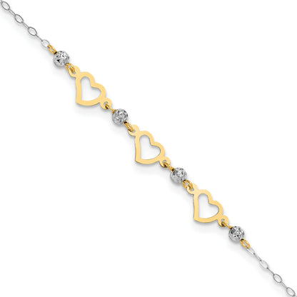 14K Two-tone Three Hearts and Diamond-cut Beads 9 inch Plus 1 inch Extender - Total 10 inch Anklet