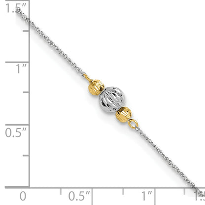 14K Two-tone Chain and Diamond-cut Beads 9 inch Plus 1 inch Extender - Total 10 inch Anklet