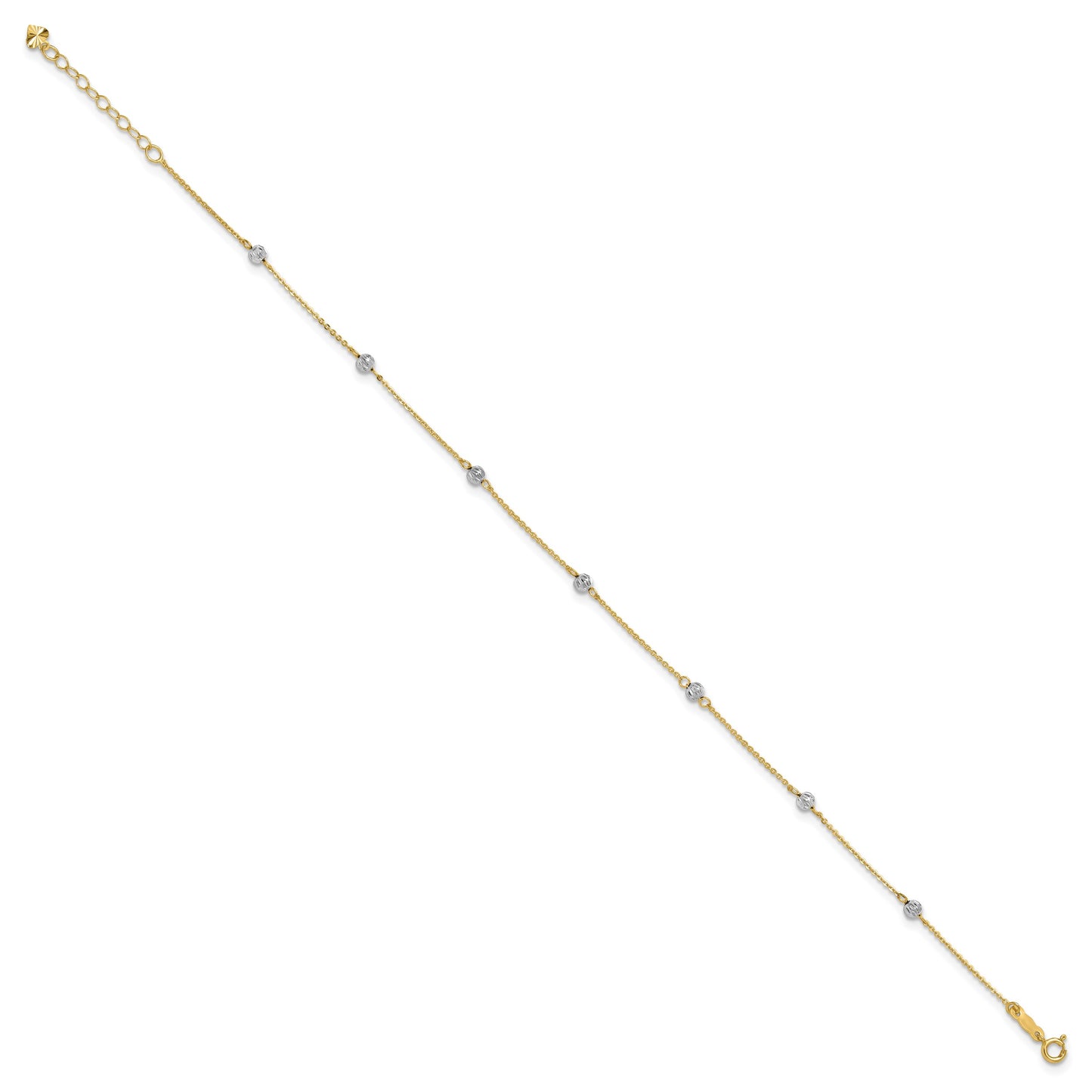 14K Two-tone Diamond-cut Beads 7-Station 9 inch Plus 1 inch Extender - Total 10 inch Anklet