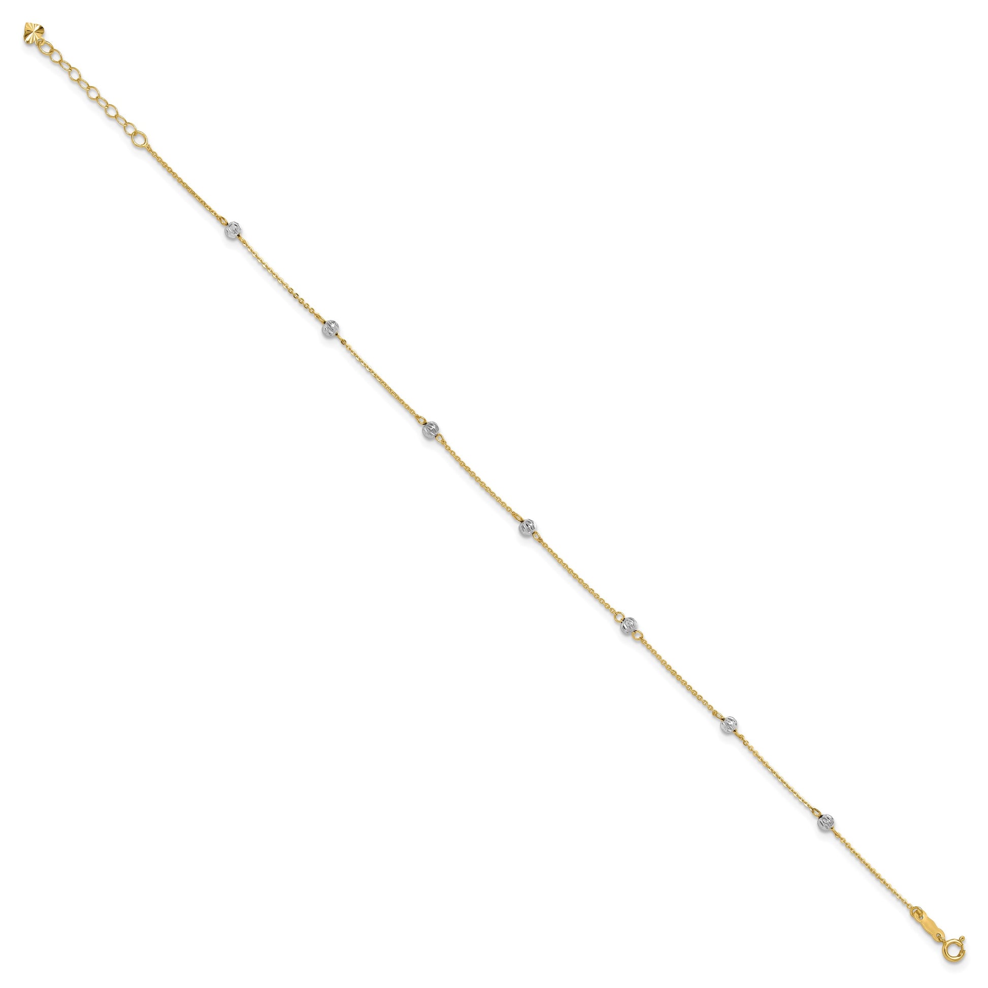 14K Two-tone Diamond-cut Beads 7-Station 9 inch Plus 1 inch Extender - Total 10 inch Anklet