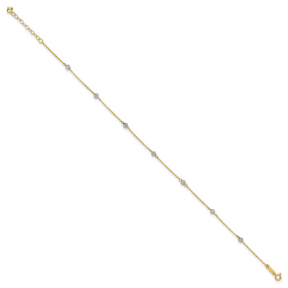 14K Two-tone Diamond-cut Beads 7-Station 9 inch Plus 1 inch Extender - Total 10 inch Anklet
