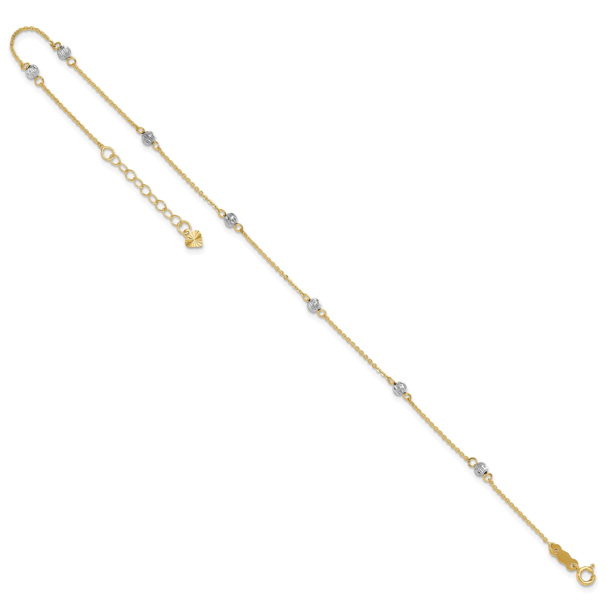 14K Two-tone Diamond-cut Beads 7-Station 9 inch Plus 1 inch Extender - Total 10 inch Anklet