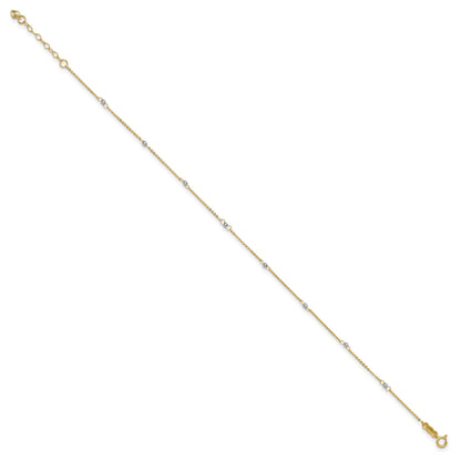 14k Two-tone Cable Chain Mirror Beads 8-Station 9 inch Plus 1 inch Extender - Total 10 inch Anklet