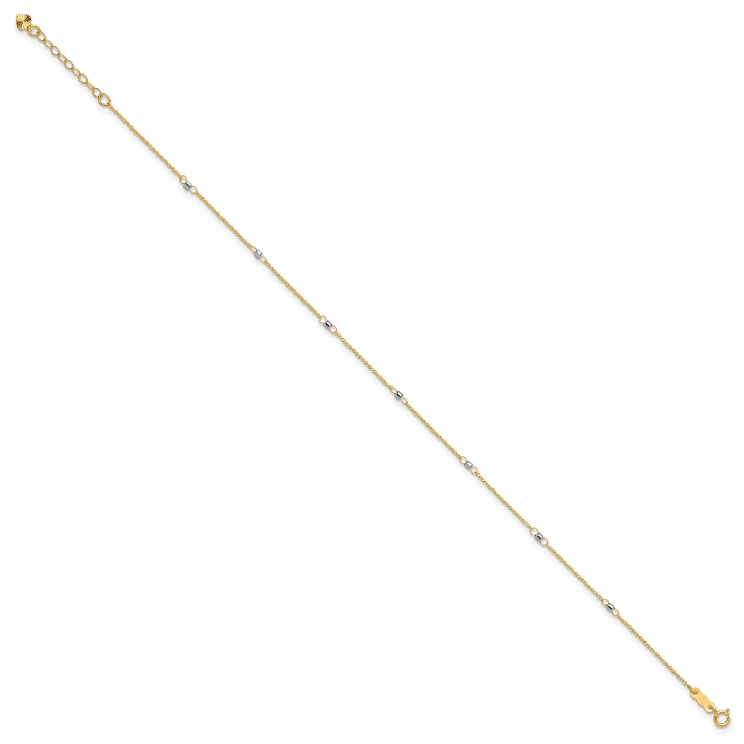 14K Two-tone Ropa Chain Mirror Beads 7-Station 9 inch Plus 1 inch Extender - Total 10 inch Anklet