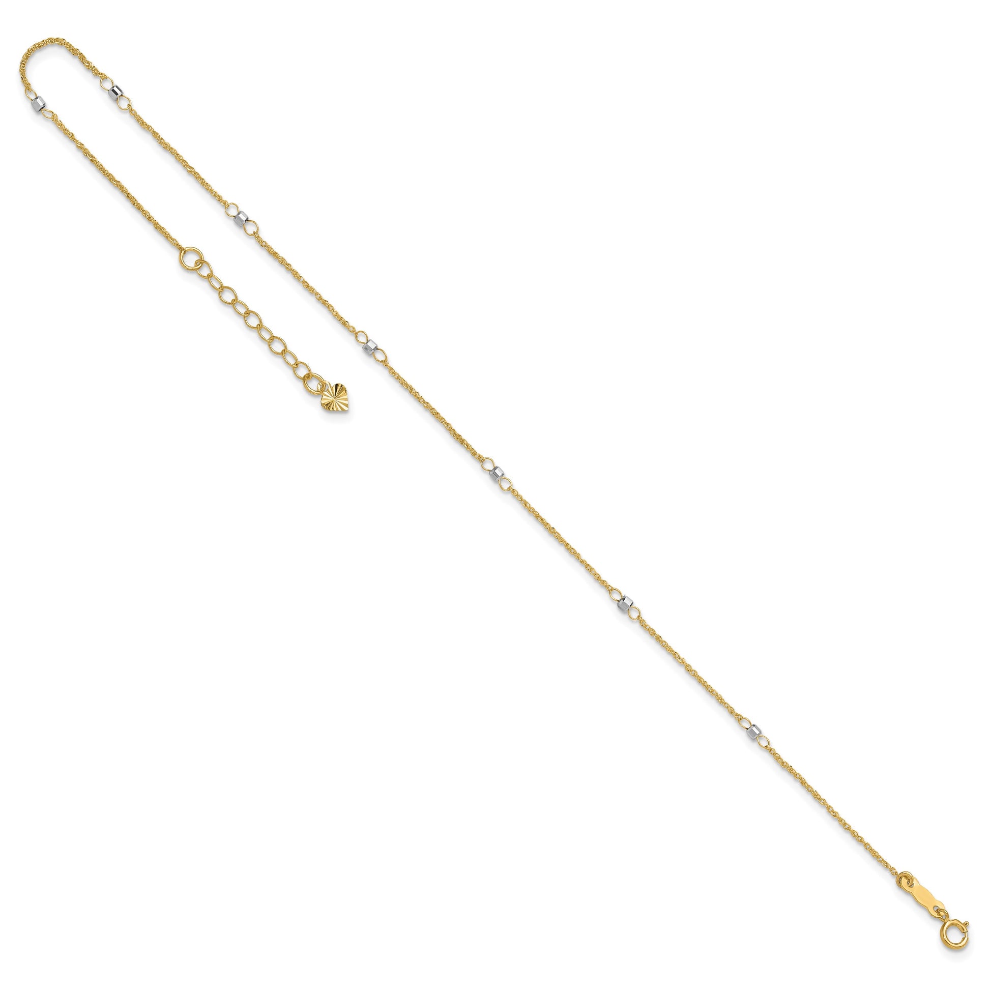 14K Two-tone Ropa Chain Mirror Beads 7-Station 9 inch Plus 1 inch Extender - Total 10 inch Anklet