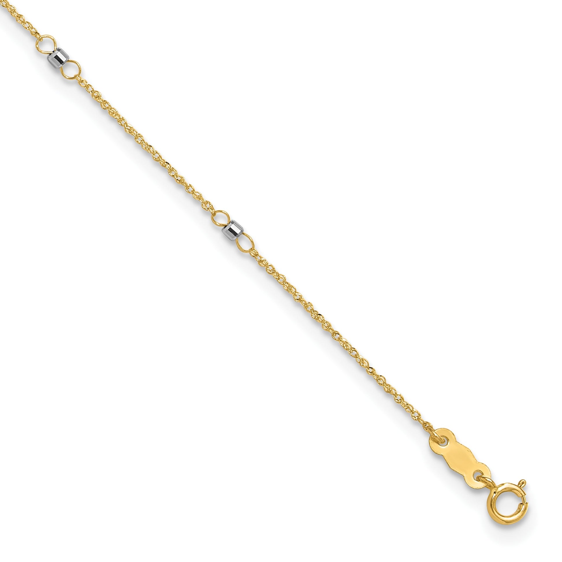 14K Two-tone Ropa Chain Mirror Beads 7-Station 9 inch Plus 1 inch Extender - Total 10 inch Anklet