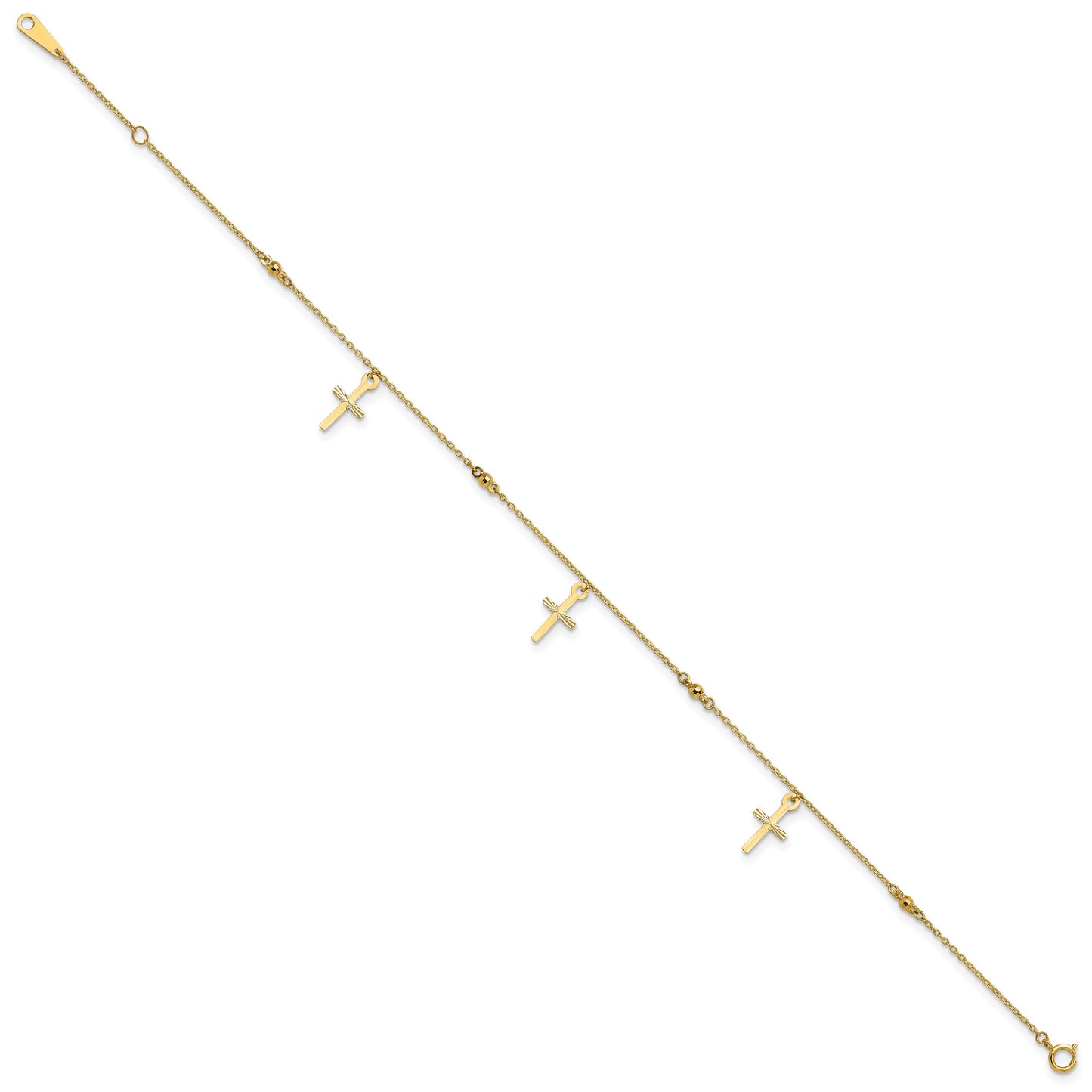 14k Diamond-cut 3 Cross Dangles and Beads 9 inch Plus 1 inch Extender - Total 10 inch Anklet