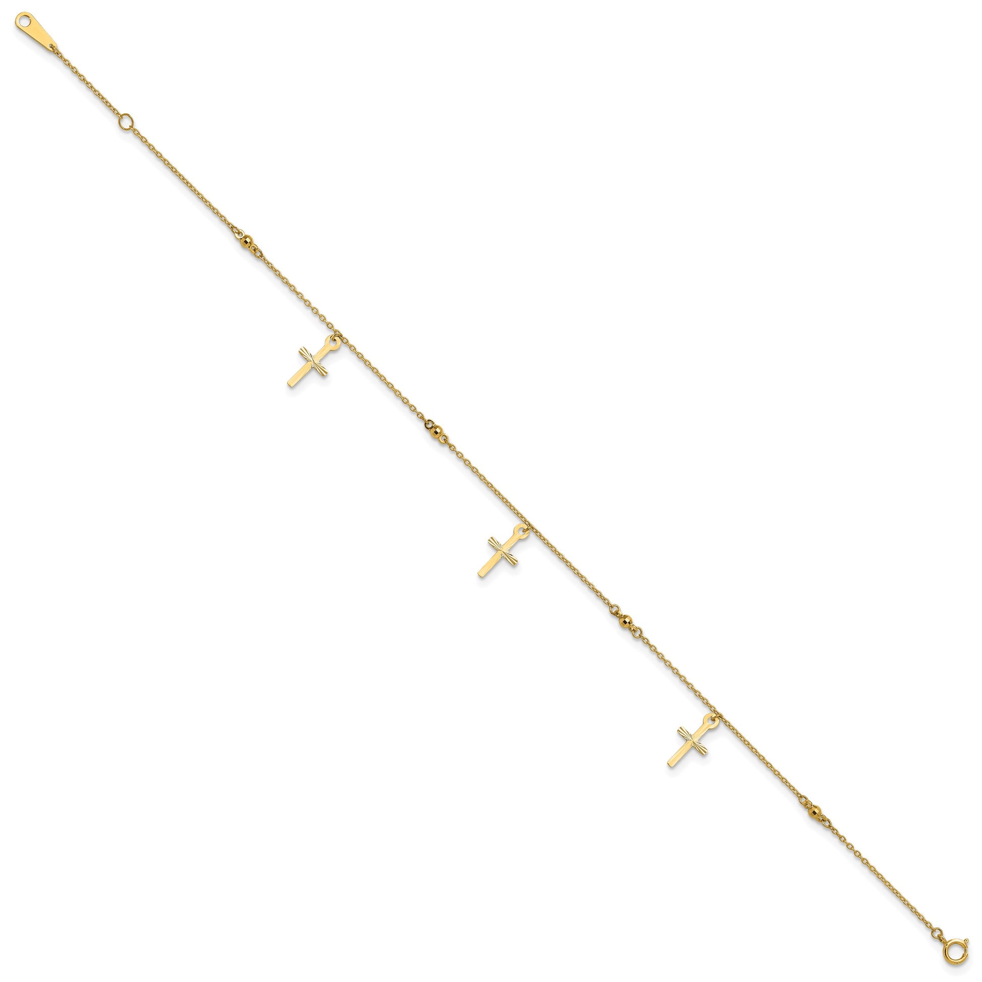 14k Diamond-cut 3 Cross Dangles and Beads 9 inch Plus 1 inch Extender - Total 10 inch Anklet