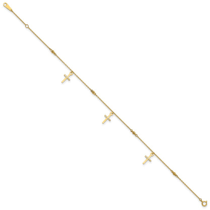 14k Diamond-cut 3 Cross Dangles and Beads 9 inch Plus 1 inch Extender - Total 10 inch Anklet