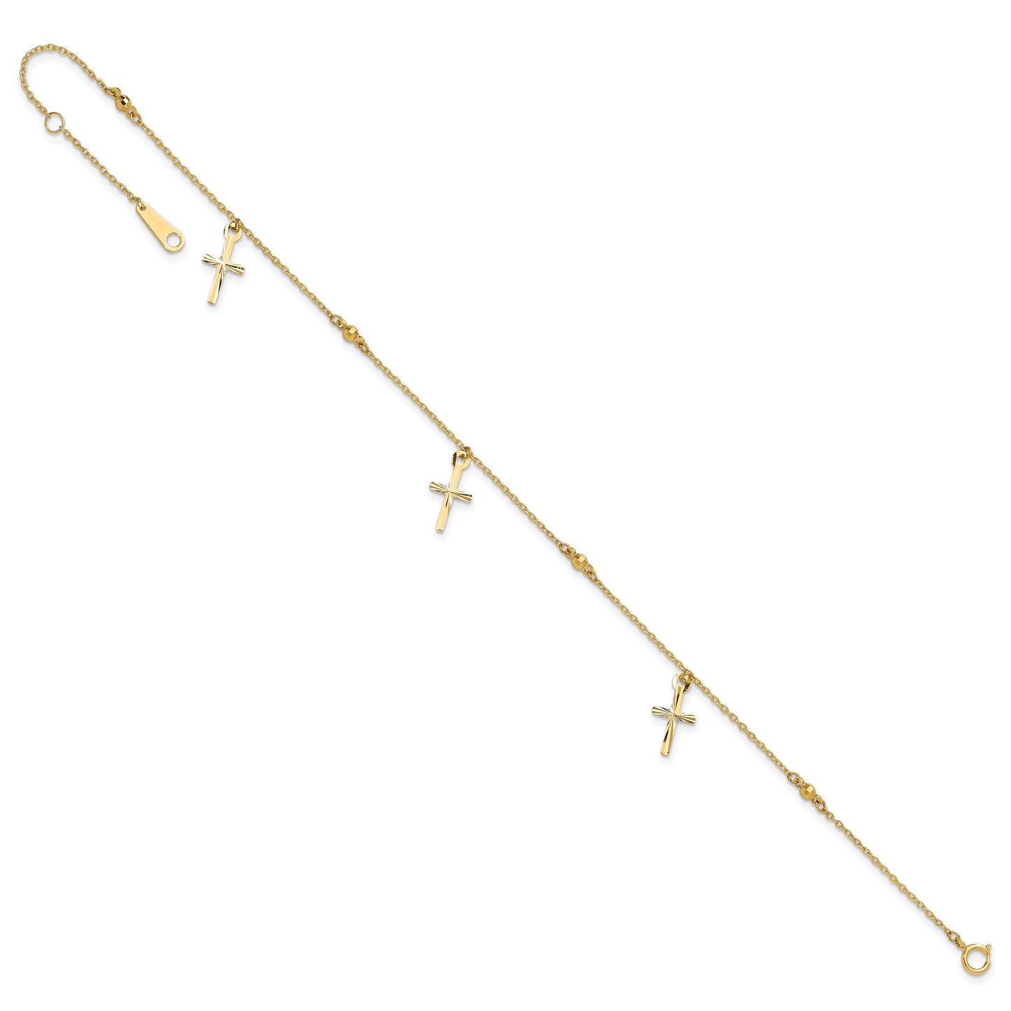 14k Diamond-cut 3 Cross Dangles and Beads 9 inch Plus 1 inch Extender - Total 10 inch Anklet
