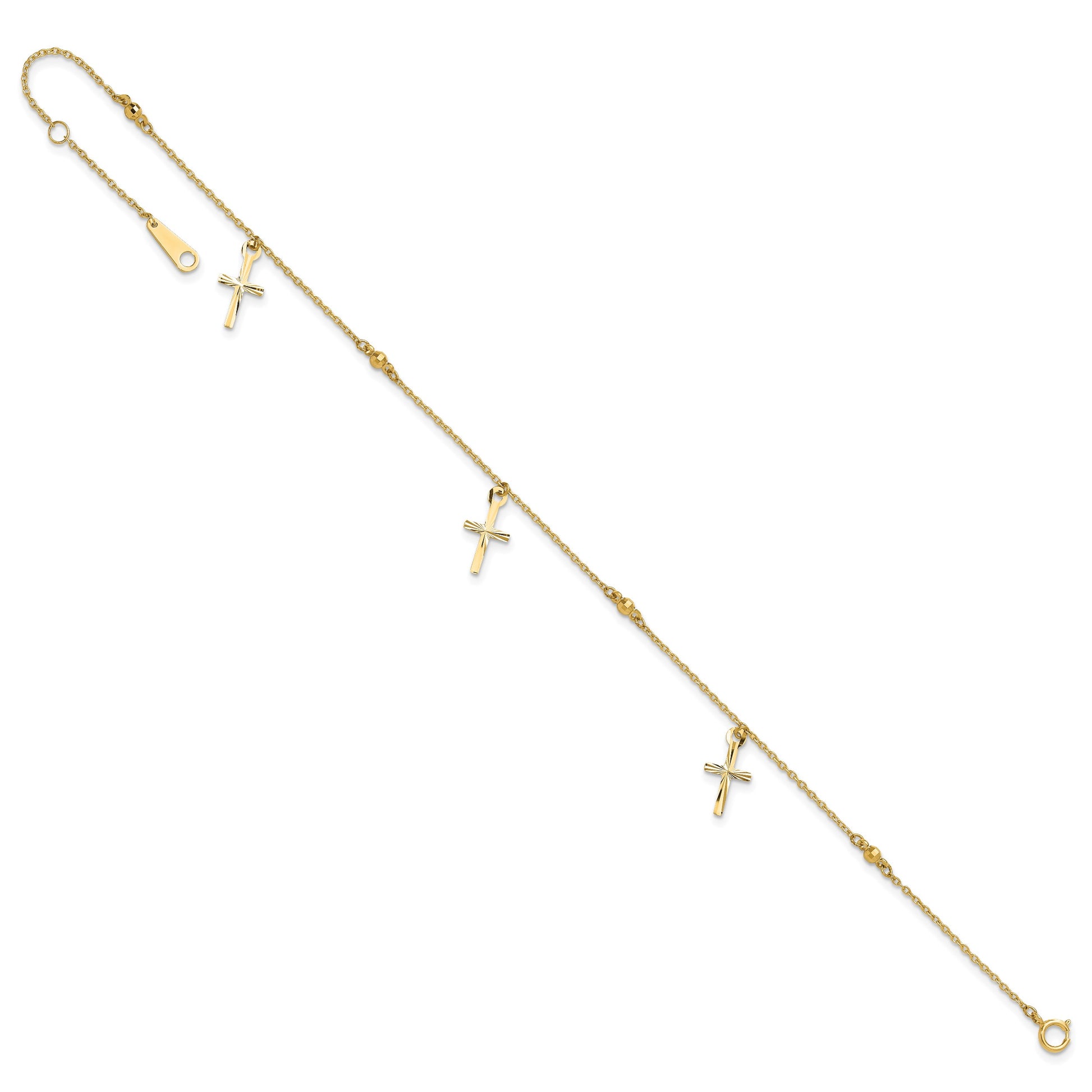 14k Diamond-cut 3 Cross Dangles and Beads 9 inch Plus 1 inch Extender - Total 10 inch Anklet