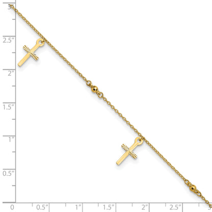 14k Diamond-cut 3 Cross Dangles and Beads 9 inch Plus 1 inch Extender - Total 10 inch Anklet