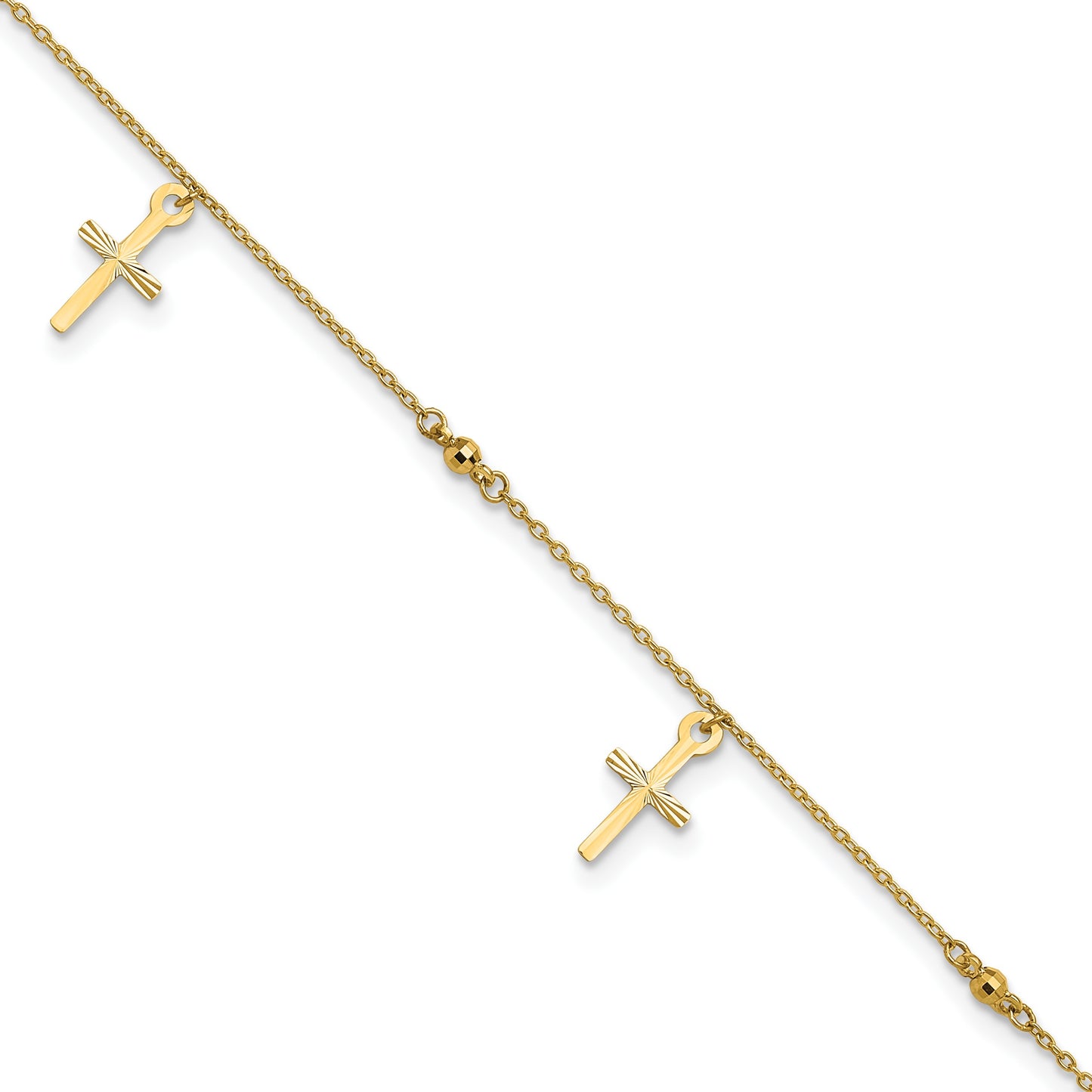 14k Diamond-cut 3 Cross Dangles and Beads 9 inch Plus 1 inch Extender - Total 10 inch Anklet