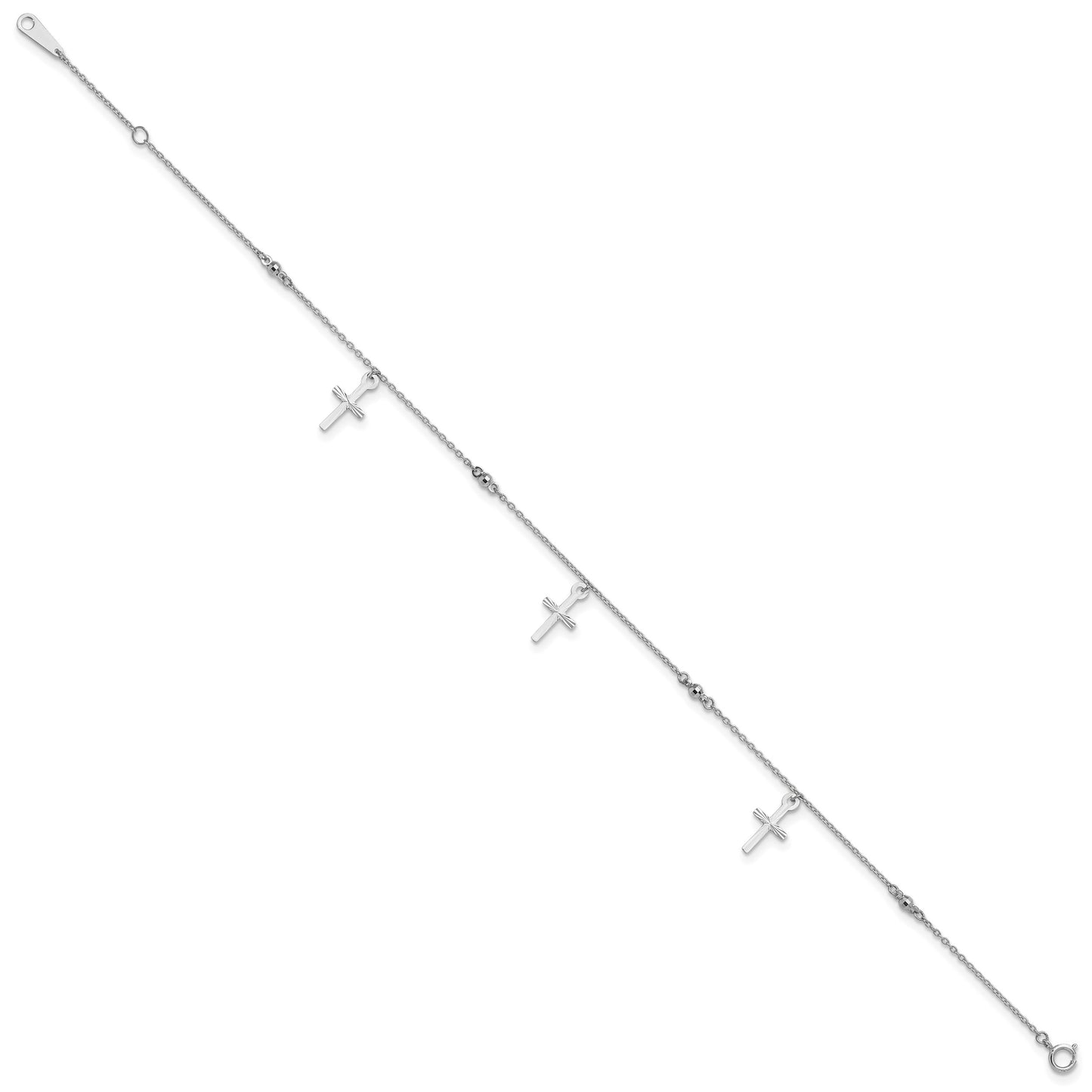 14k White Gold Diamond-cut 3 Cross Dangles and Beads 9 inch Plus 1 inch Extender - Total 10 inch Anklet
