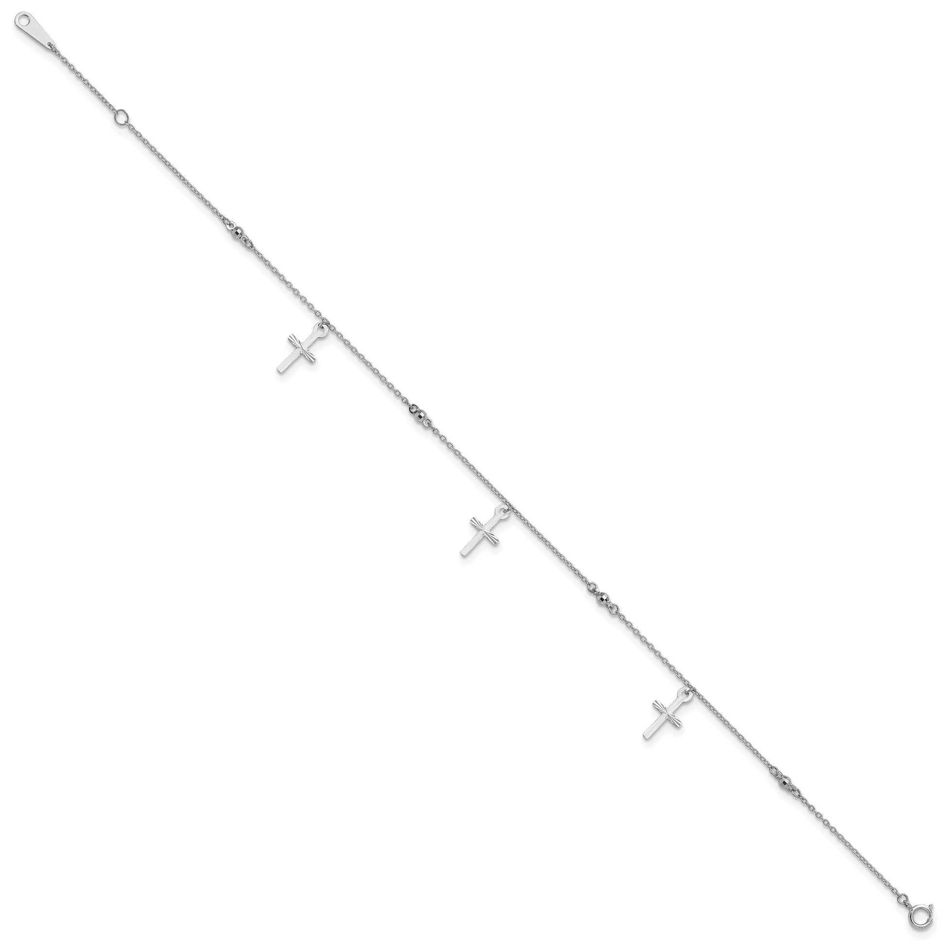 14k White Gold Diamond-cut 3 Cross Dangles and Beads 9 inch Plus 1 inch Extender - Total 10 inch Anklet