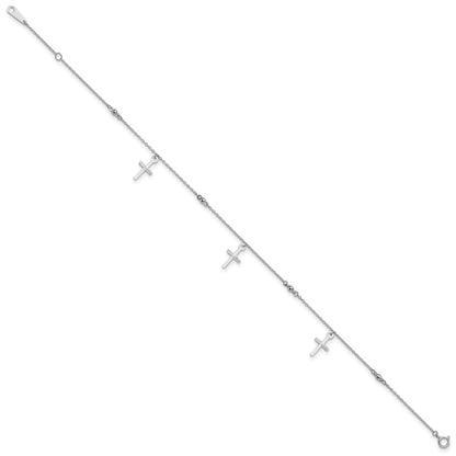 14k White Gold Diamond-cut 3 Cross Dangles and Beads 9 inch Plus 1 inch Extender - Total 10 inch Anklet