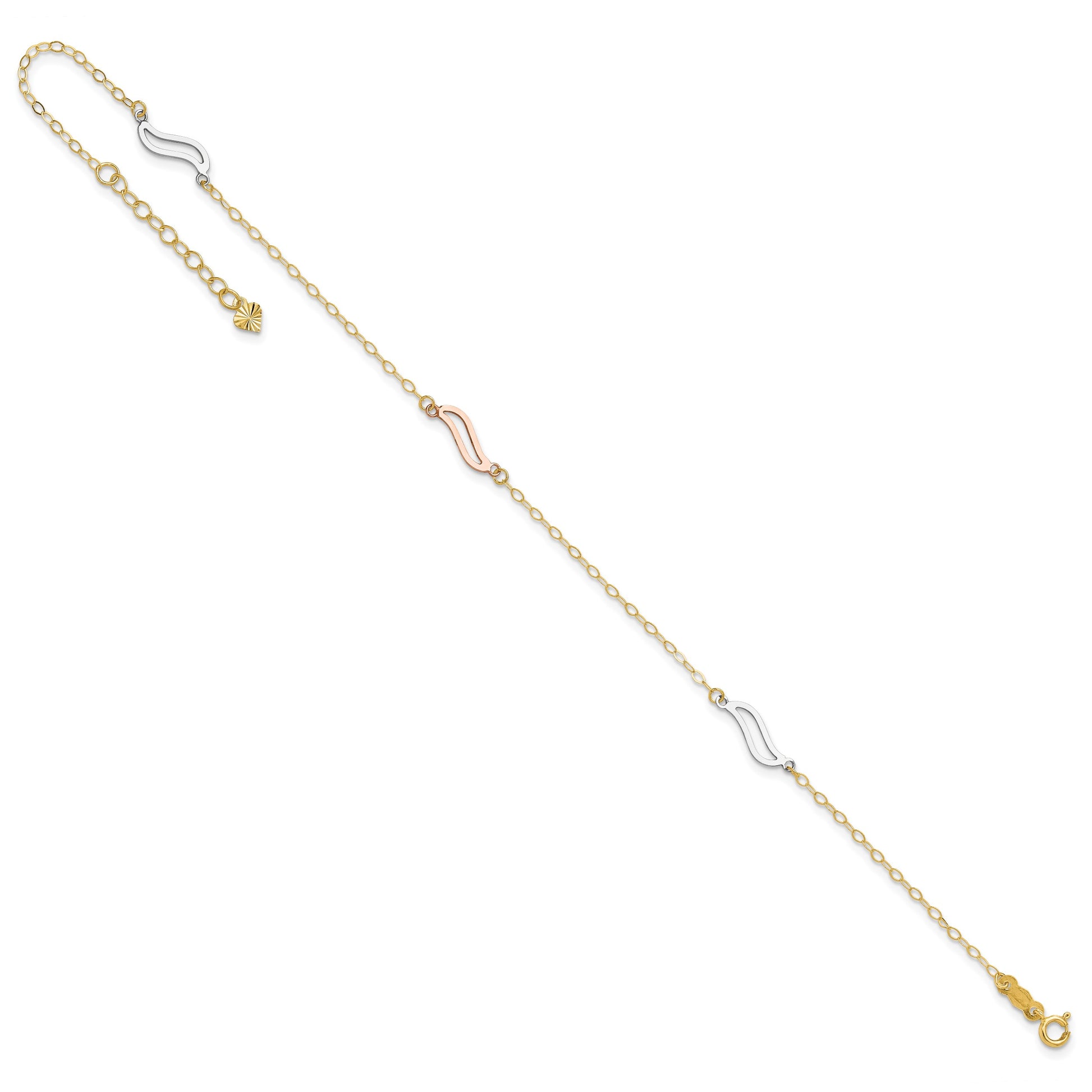 14K Tri-color Open Wavy Links 3-Station 9 inch Plus 1 inch Extender - Total 10 inch Anklet