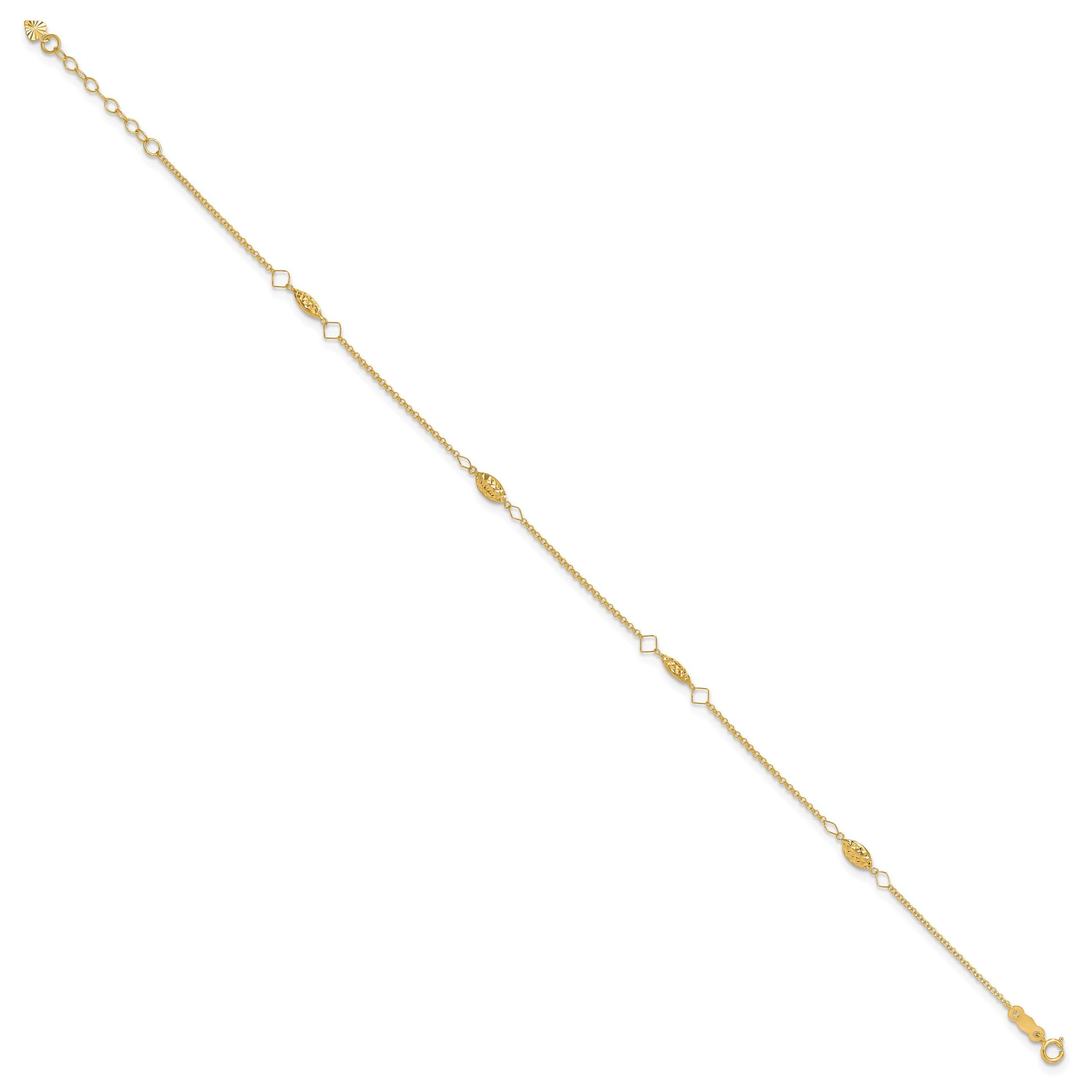 14K Diamond-cut Rice Puff Beads 4-Station 9 inch Plus 1 inch Extender - Total 10 inch Anklet