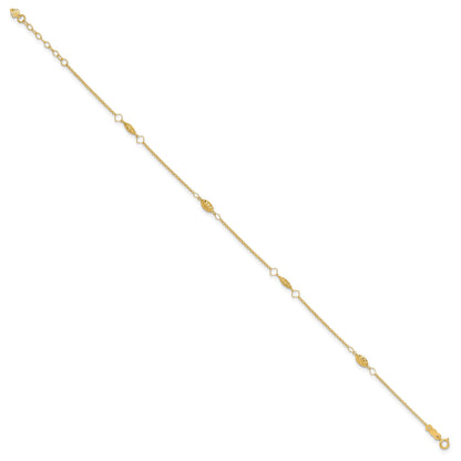14K Diamond-cut Rice Puff Beads 4-Station 9 inch Plus 1 inch Extender - Total 10 inch Anklet
