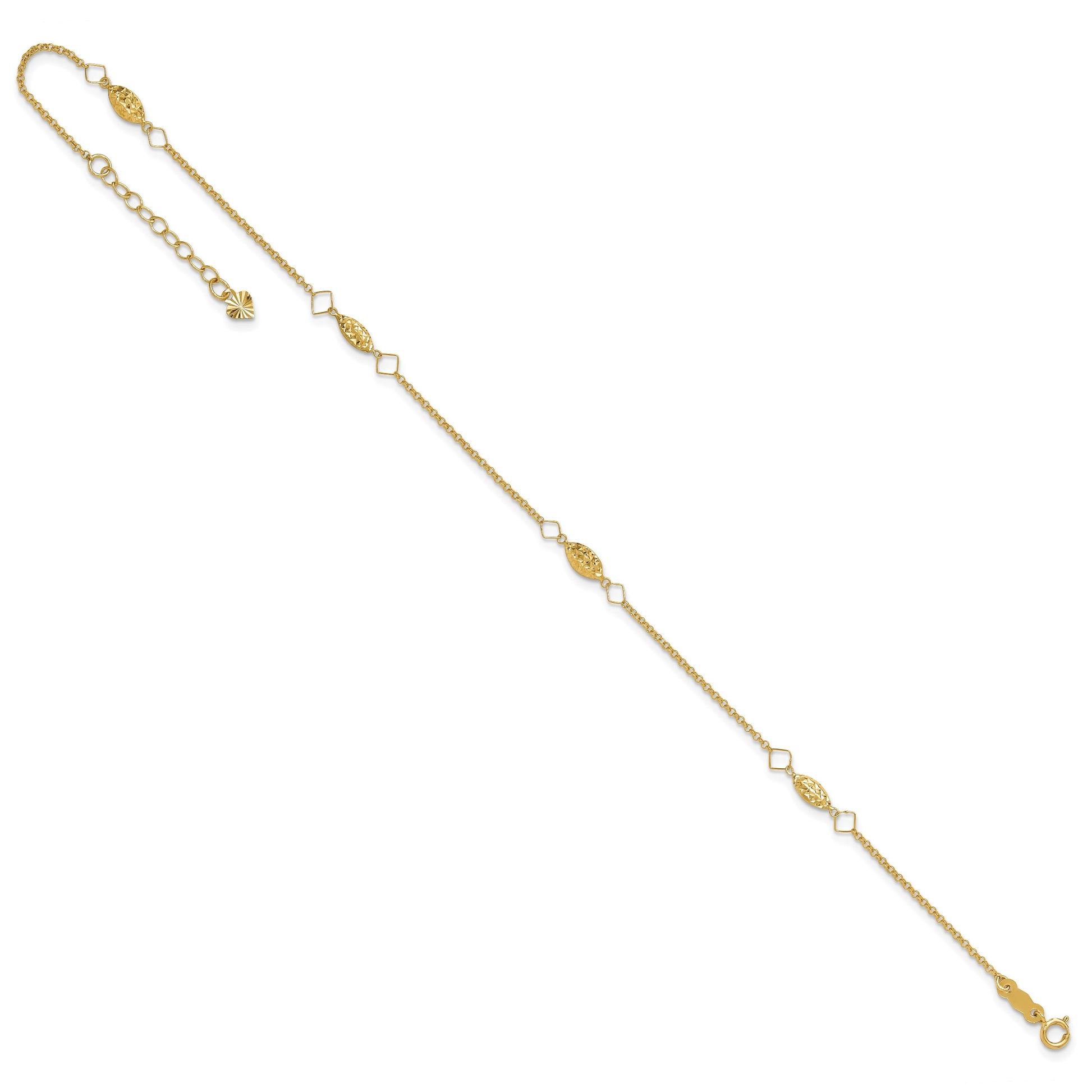 14K Diamond-cut Rice Puff Beads 4-Station 9 inch Plus 1 inch Extender - Total 10 inch Anklet