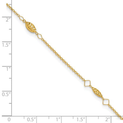 14K Diamond-cut Rice Puff Beads 4-Station 9 inch Plus 1 inch Extender - Total 10 inch Anklet