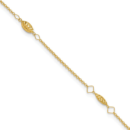 14K Diamond-cut Rice Puff Beads 4-Station 9 inch Plus 1 inch Extender - Total 10 inch Anklet