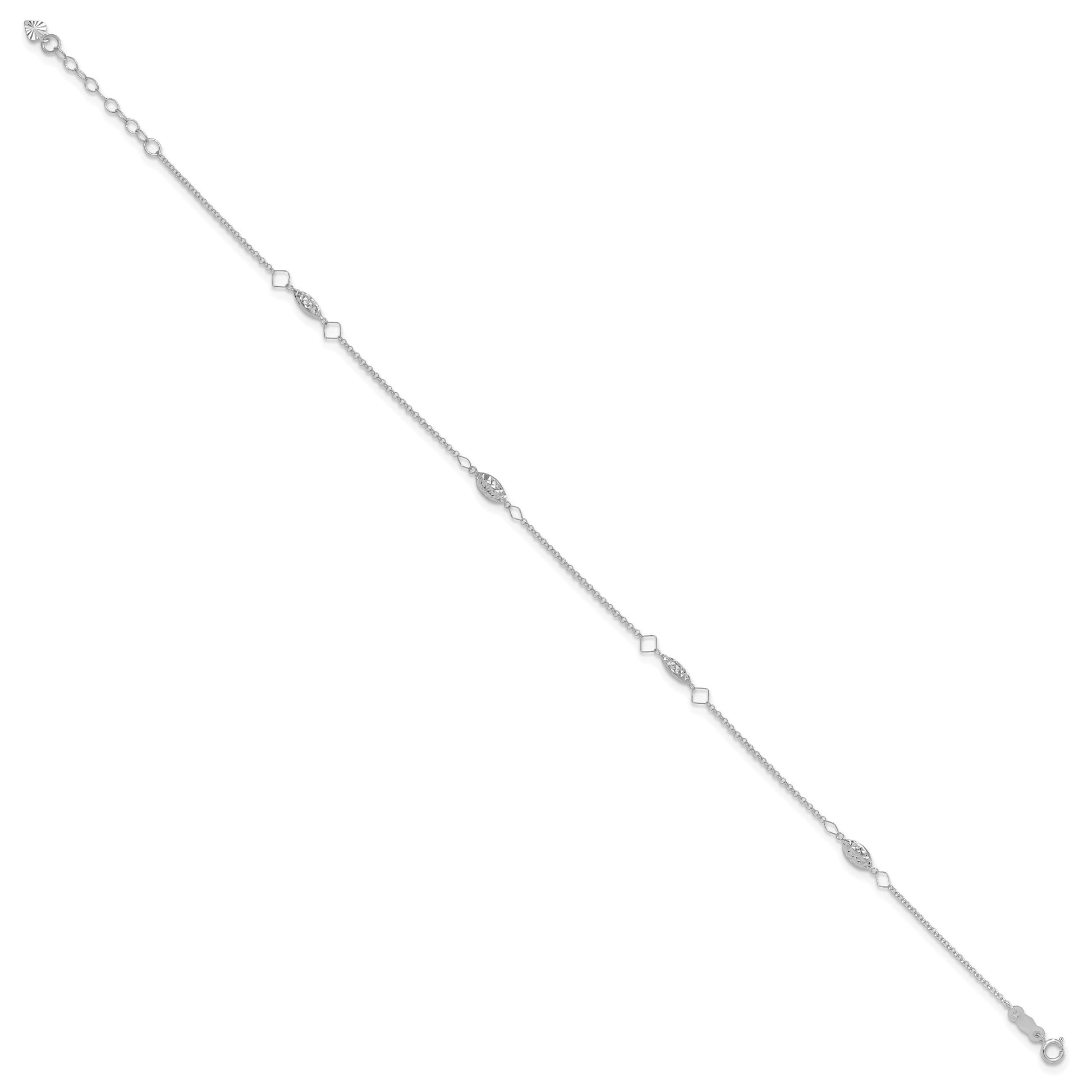 14K White Gold Diamond-cut Rice Puff Beads 4-Station 9 inch Plus 1 inch Extender - Total 10 inch Anklet