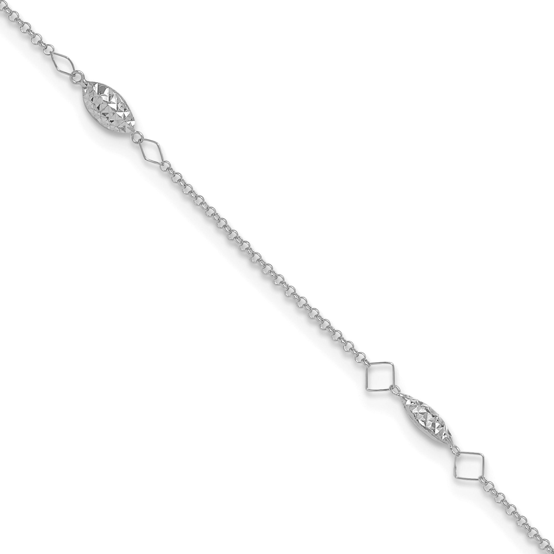14K White Gold Diamond-cut Rice Puff Beads 4-Station 9 inch Plus 1 inch Extender - Total 10 inch Anklet