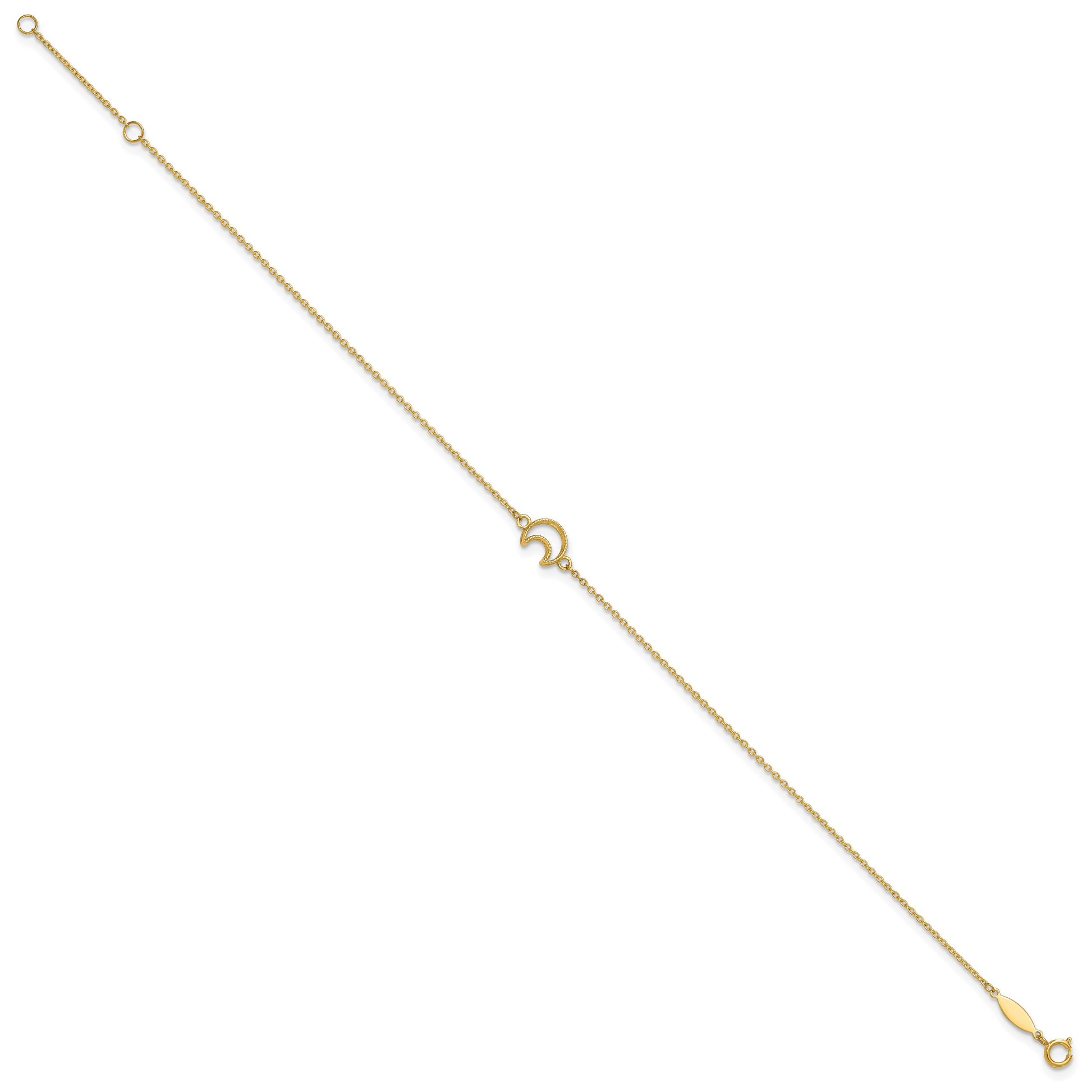 14K Textured and Polished Crescent Moon 9 inch Plus 1 inch Extender - Total 10 inch Anklet