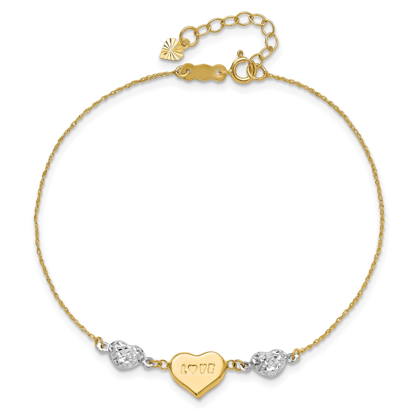 14K Two-tone Puffed LOVE Heart and Diamond-cut Beads 7 inch Bracelet Plus 1 inch Heart Dangle Extender