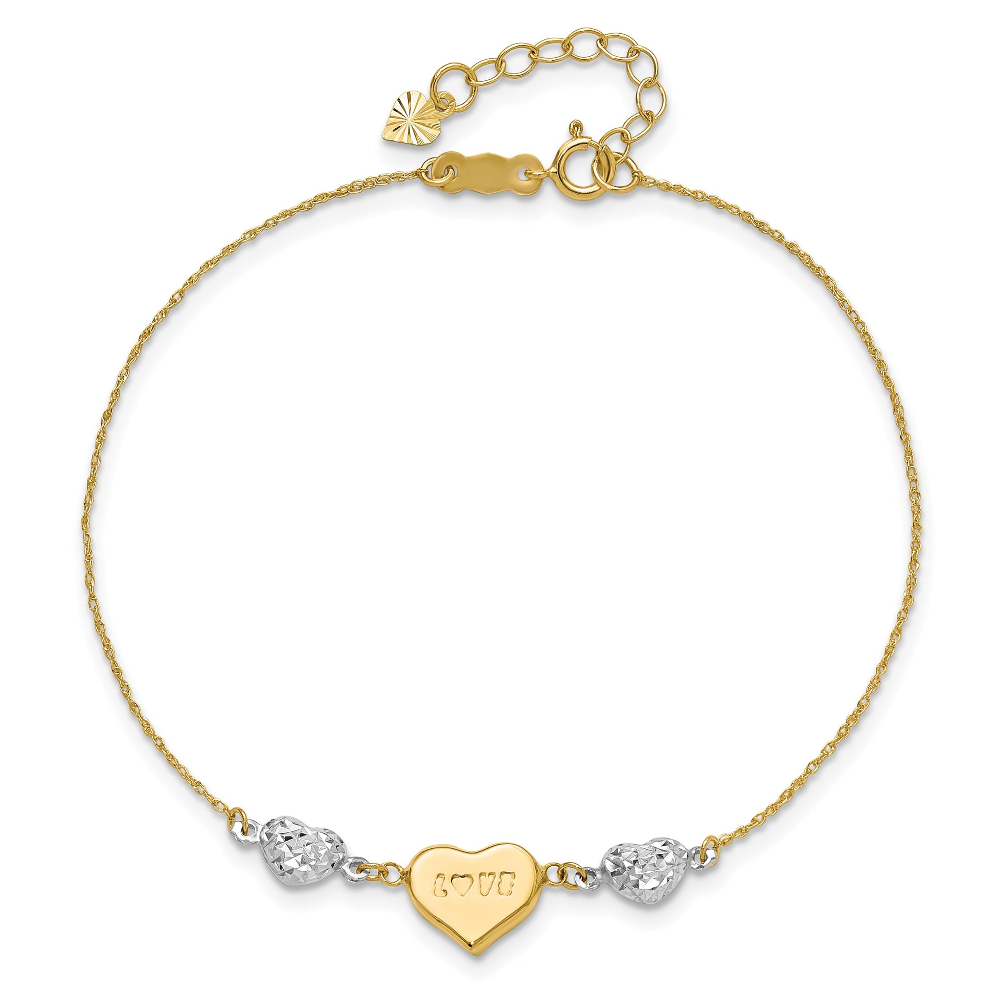 14K Two-tone Puffed LOVE Heart and Diamond-cut Beads 7 inch Bracelet Plus 1 inch Heart Dangle Extender