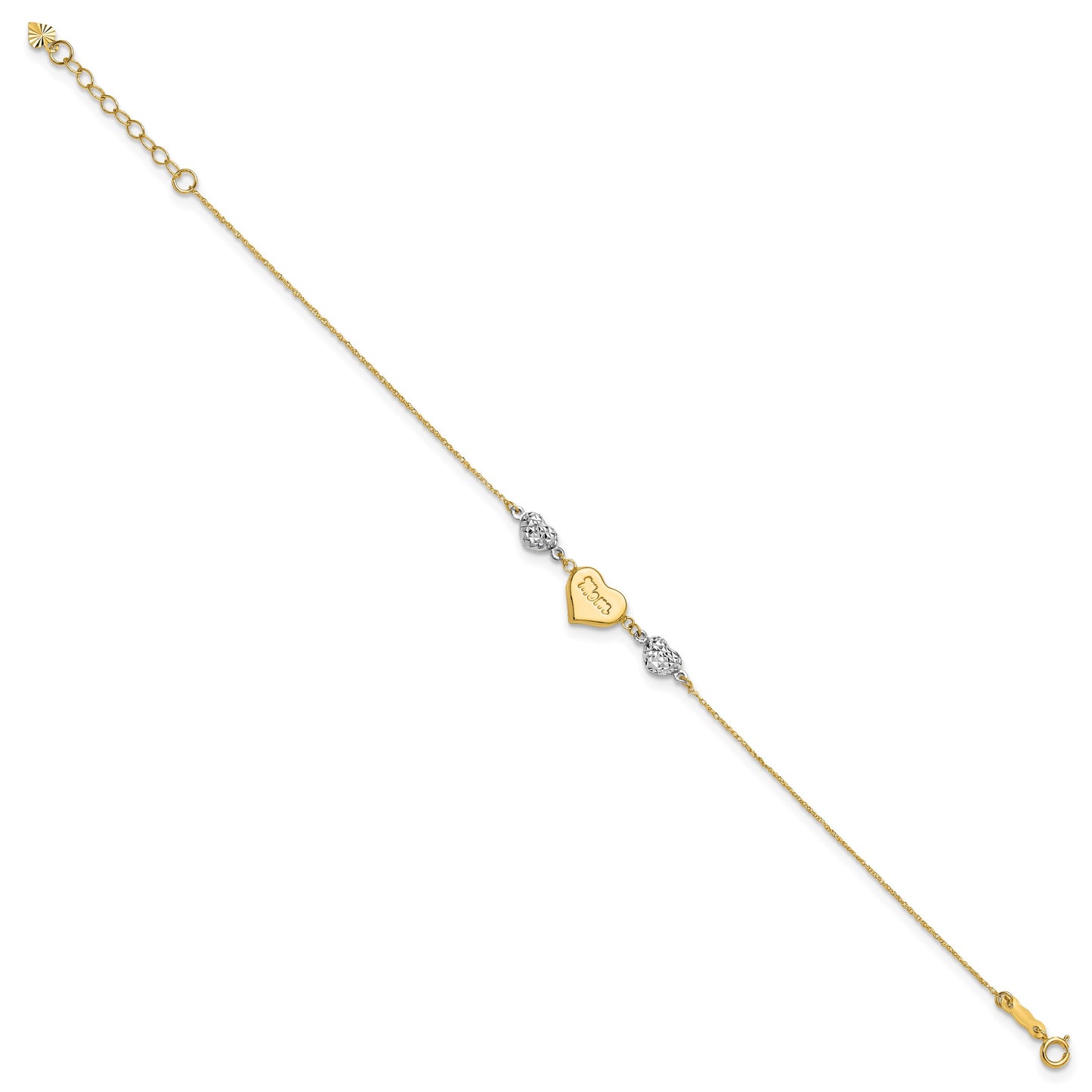 14K Two-tone Puffed MOM Heart and Diamond-cut Beads 7 inch Bracelet Plus 1 inch Heart Dangle Extender