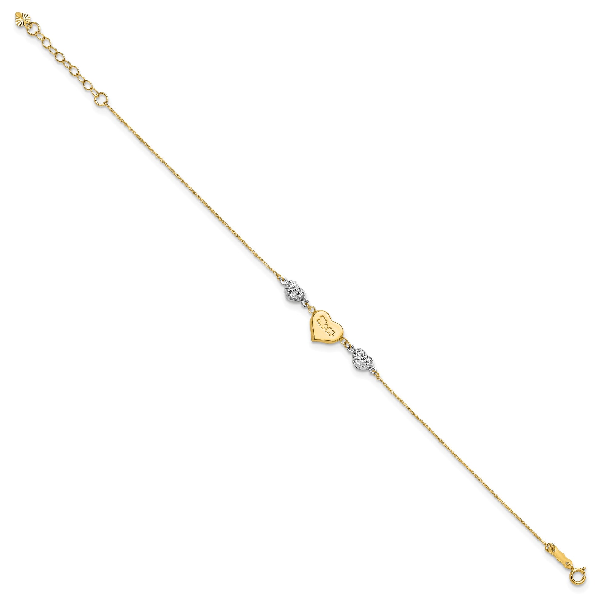 14K Two-tone Puffed MOM Heart and Diamond-cut Beads 7 inch Bracelet Plus 1 inch Heart Dangle Extender