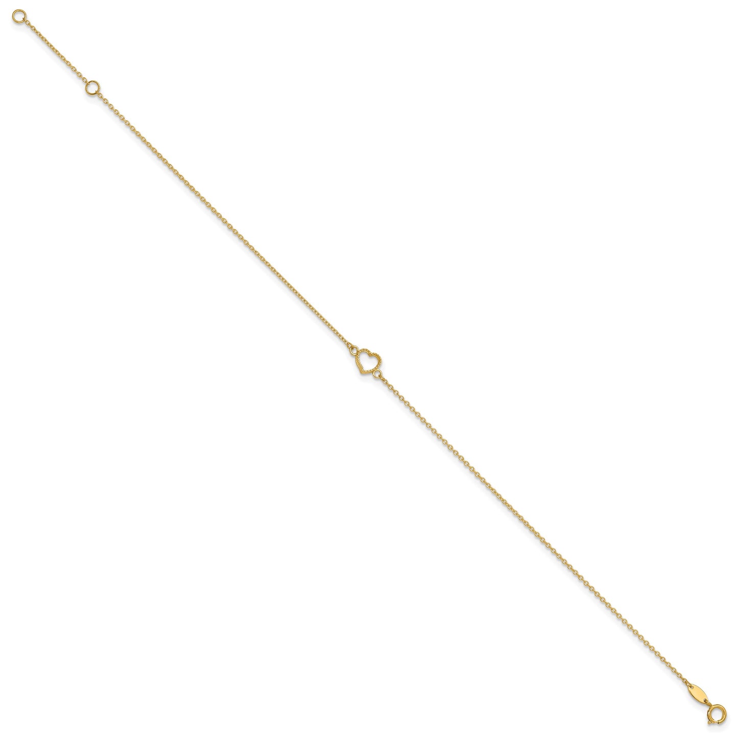 14K Textured and Polished Open Heart 9 inch Plus 1 inch Extender - Total 10 inch Anklet