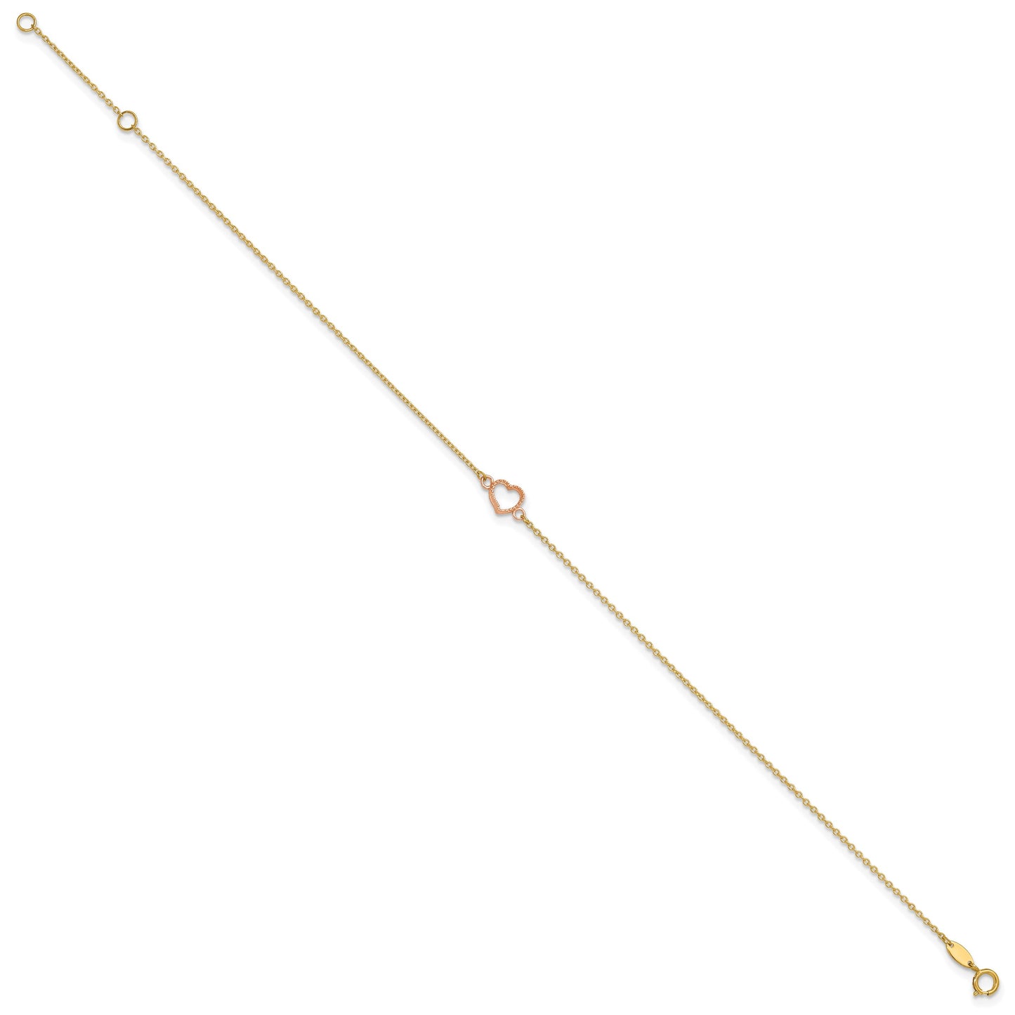 14k Two-tone Textured and Polished Open Heart 9 inch Plus 1 inch Extender - Total 10 inch Anklet
