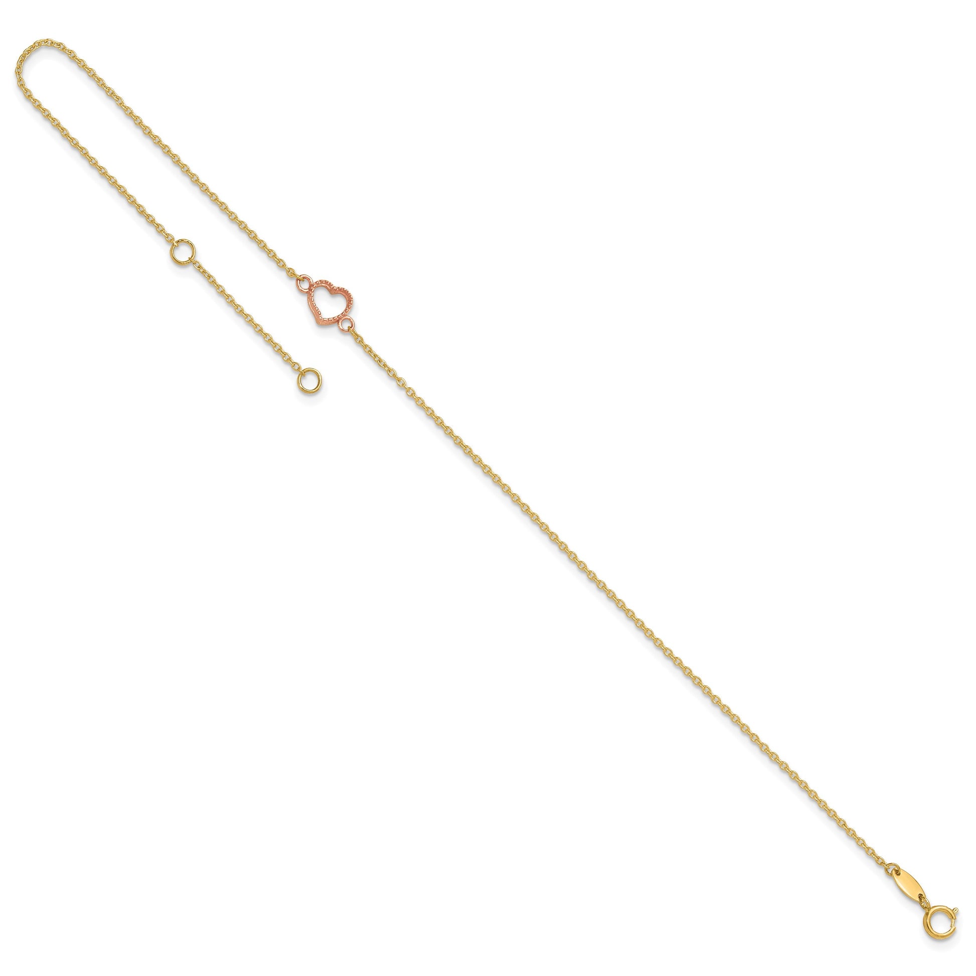 14k Two-tone Textured and Polished Open Heart 9 inch Plus 1 inch Extender - Total 10 inch Anklet