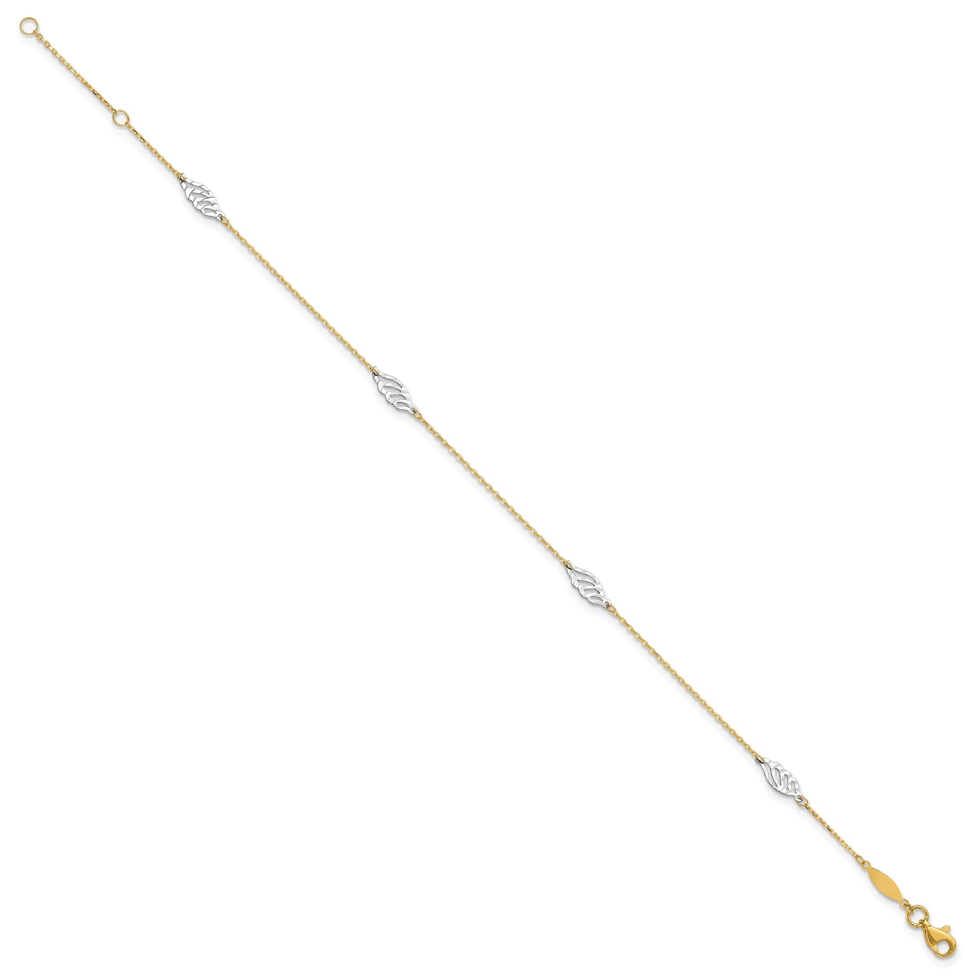14K Two-Tone Diamond-cut Leaf 4-Station 9 inch Plus 1 inch Extender - Total 10 inch Anklet