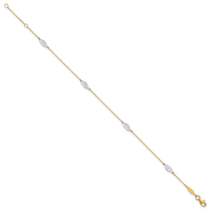 14K Two-Tone Diamond-cut Leaf 4-Station 9 inch Plus 1 inch Extender - Total 10 inch Anklet