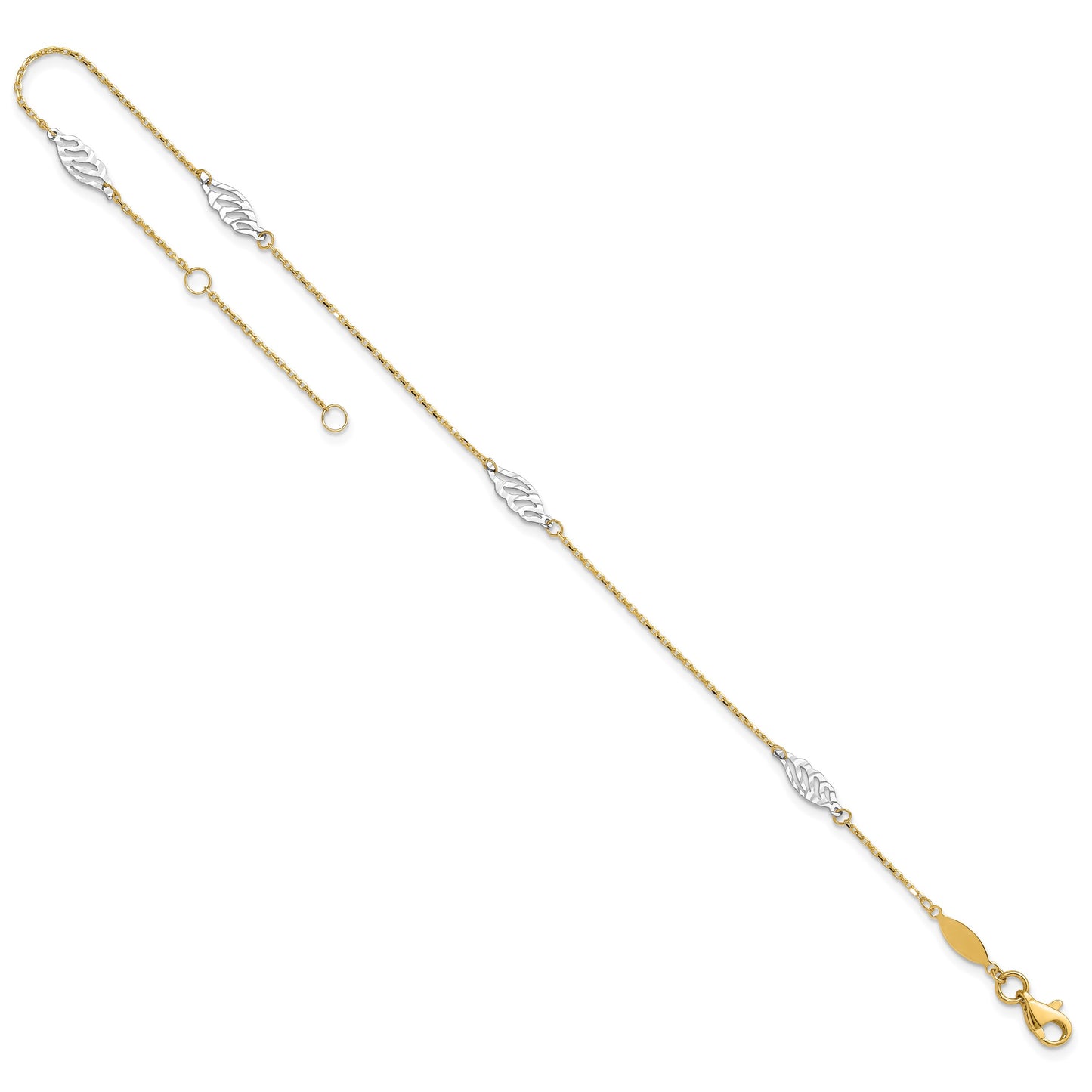 14K Two-Tone Diamond-cut Leaf 4-Station 9 inch Plus 1 inch Extender - Total 10 inch Anklet