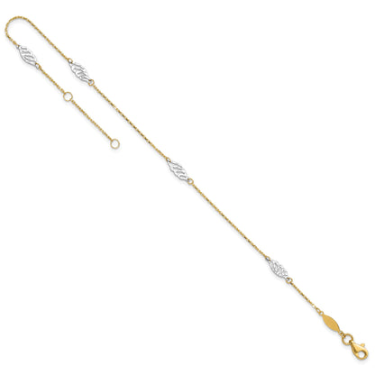 14K Two-Tone Diamond-cut Leaf 4-Station 9 inch Plus 1 inch Extender - Total 10 inch Anklet