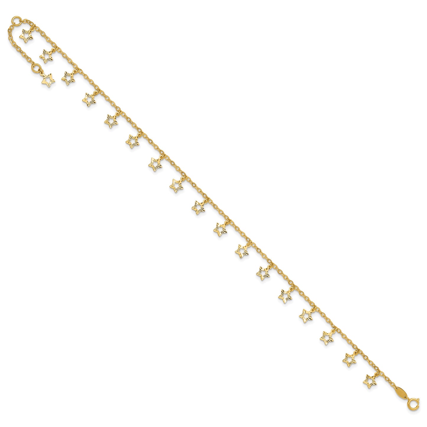 14k Polished and Textured Dangle Stars 9 inch Plus 1 inch Star Dangle Extender - Total 10 inch Anklet