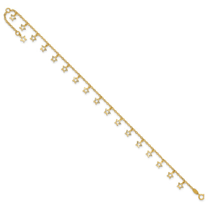 14k Polished and Textured Dangle Stars 9 inch Plus 1 inch Star Dangle Extender - Total 10 inch Anklet