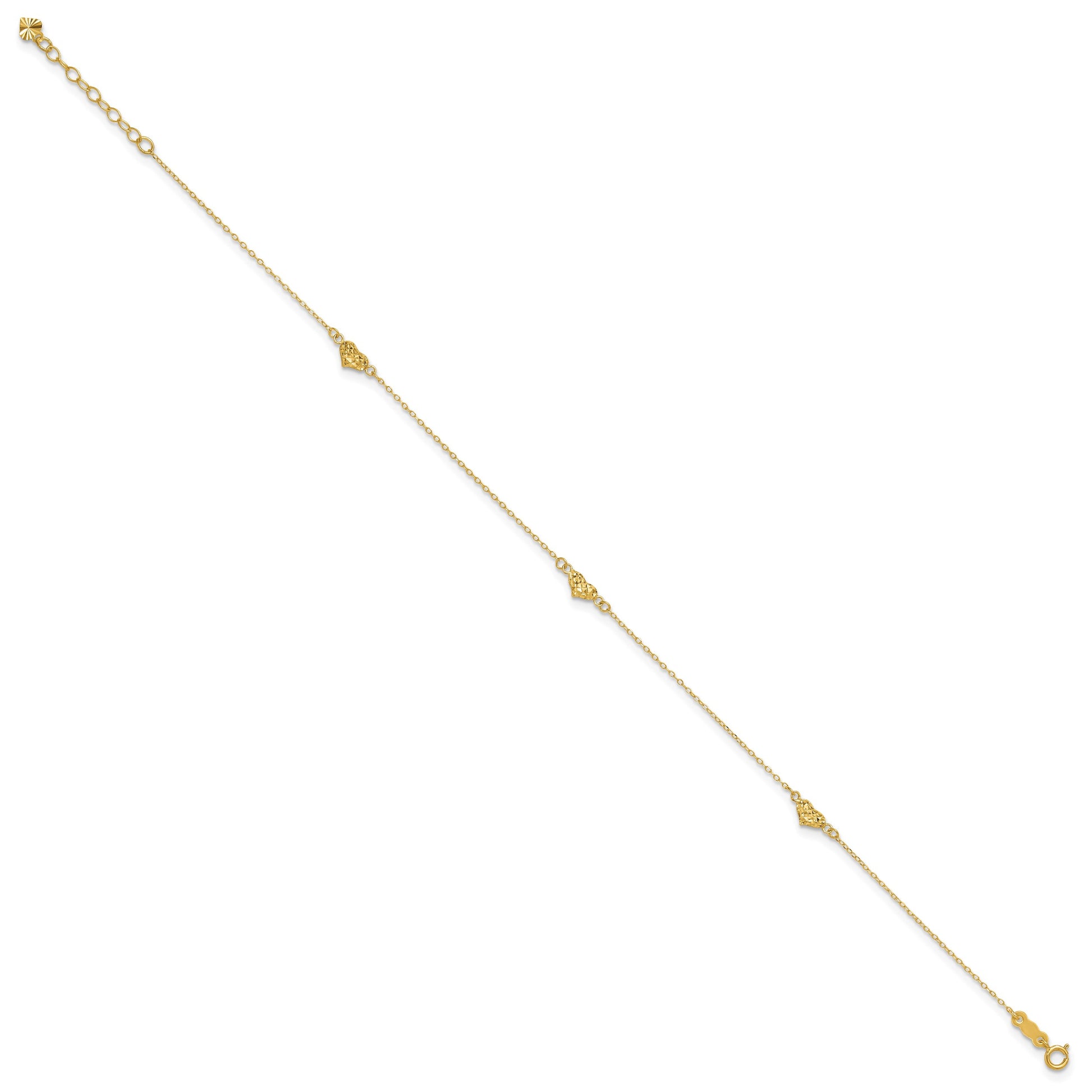 14k Polished Diamond-cut Triple Puffed Hearts 10 inch Plus 1 inch Extender - Total 11 inch Anklet