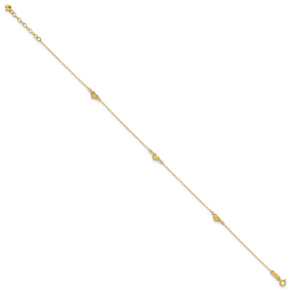 14k Polished Diamond-cut Triple Puffed Hearts 10 inch Plus 1 inch Extender - Total 11 inch Anklet