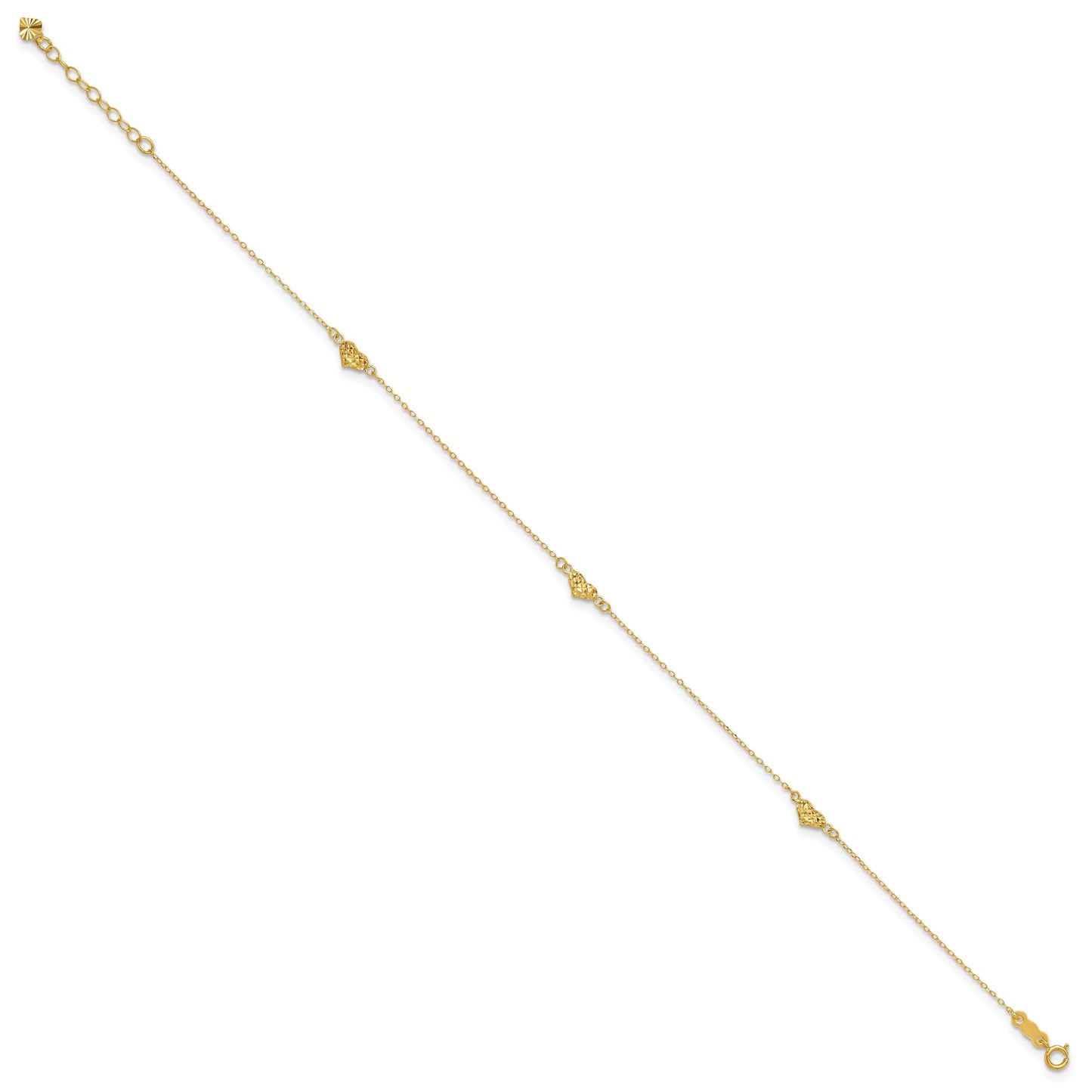 14k Polished Diamond-cut Triple Puffed Hearts 9 inch Plus 1 inch Extender - Total 10 inch Anklet