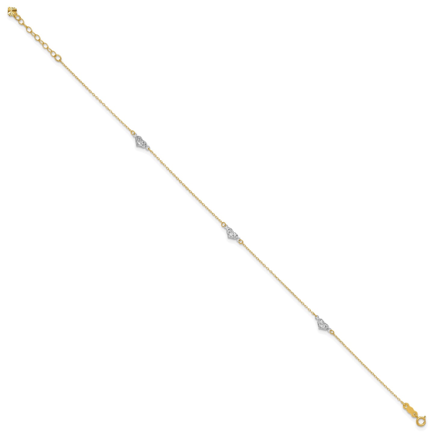 14k Two-tone Diamond-cut Triple Puffed Hearts 9 inch Plus 1 inch Extender - Total 10 inch Anklet