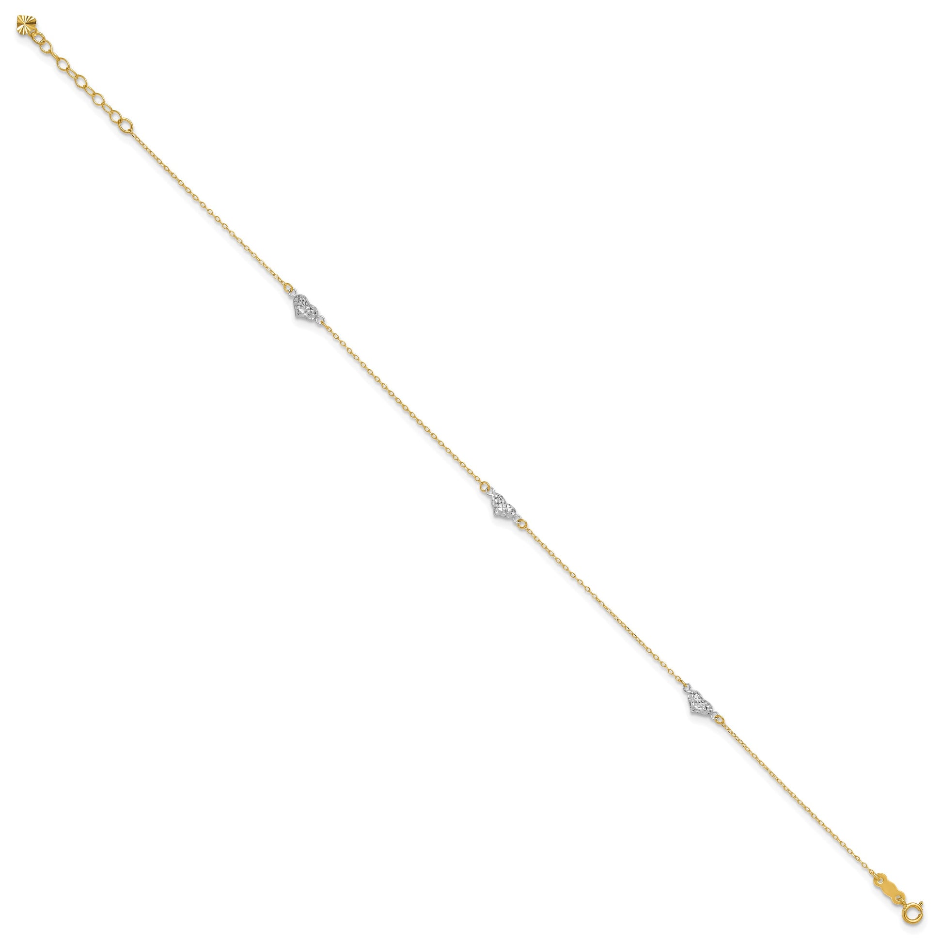 14k Two-tone Diamond-cut Triple Puffed Hearts 9 inch Plus 1 inch Extender - Total 10 inch Anklet