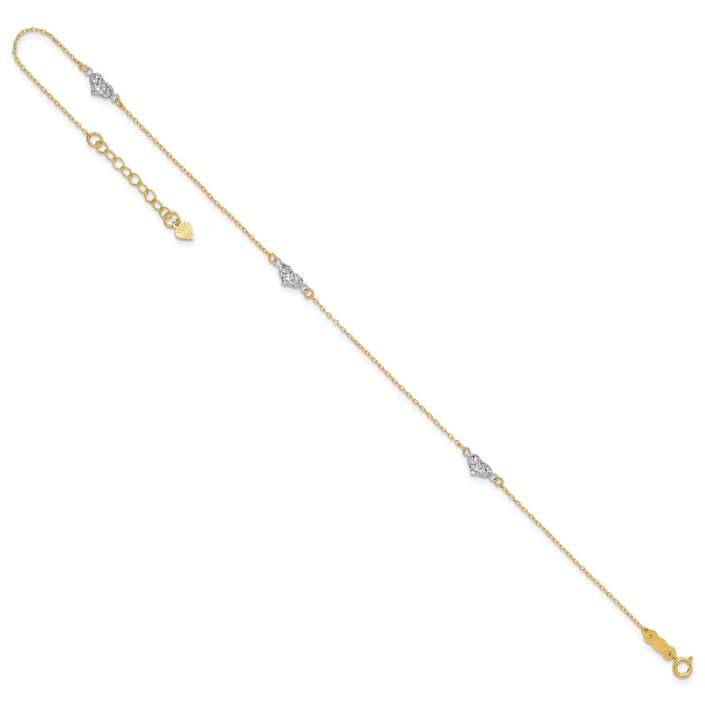14k Two-tone Diamond-cut Triple Puffed Hearts 9 inch Plus 1 inch Extender - Total 10 inch Anklet
