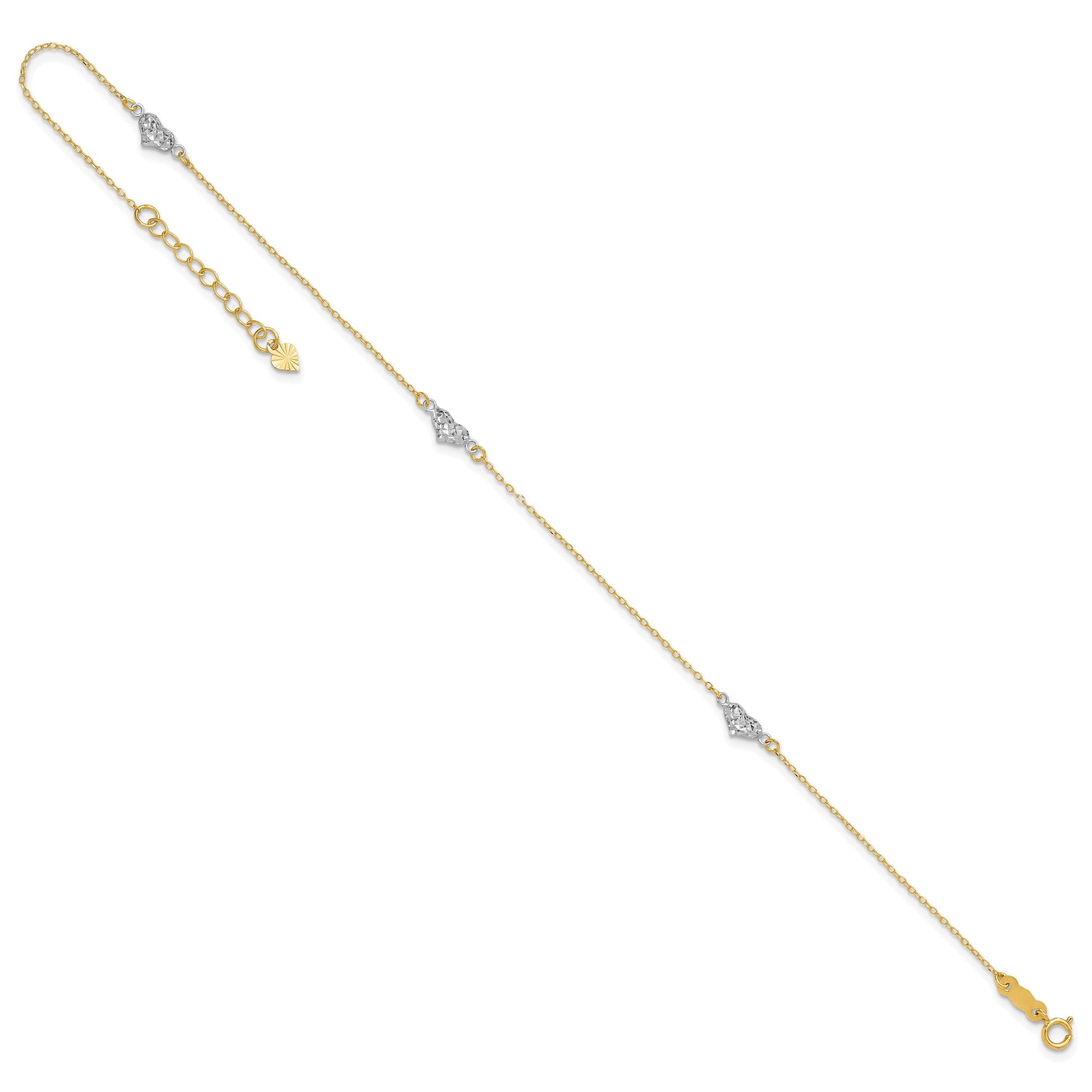 14k Two-tone Diamond-cut Triple Puffed Hearts 9 inch Plus 1 inch Extender - Total 10 inch Anklet